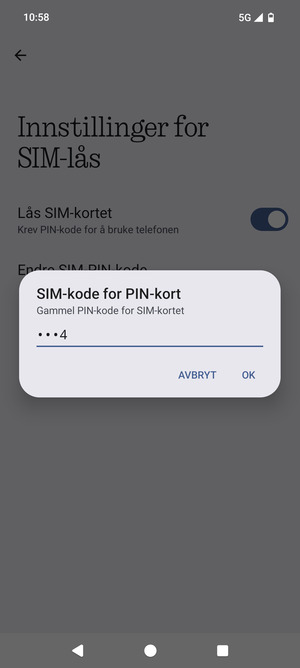 Skriv inn Gammel PIN-kode for SIM-kort og velg OK