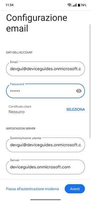 Inserisci Nome utente e l'indirizzo del server Exchange. Seleziona Avanti
