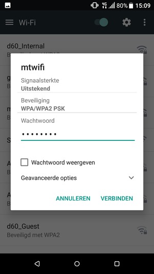 Voer het WiFi-wachtwoord in en selecteer VERBINDEN