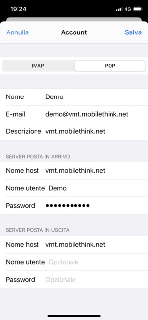 Inserisci le informazioni dell'email per SERVER POSTA IN USCITA e seleziona Salva