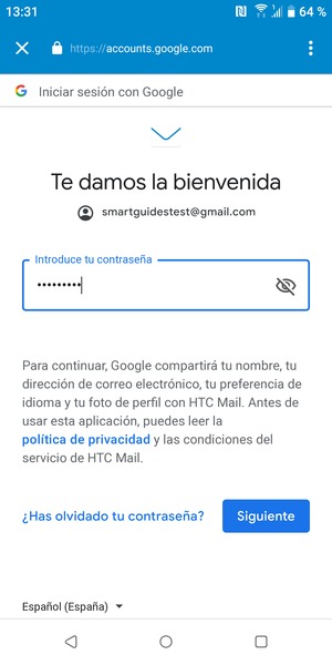 Introduzca su contraseña y seleccione Siguiente