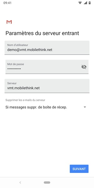 Saisissez votre Nom d'utilisateur et l'adresse du serveur entrant. Sélectionnez SUIVANT