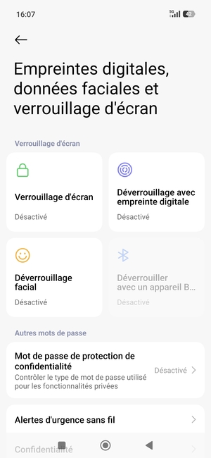 Pour activer votre verrouillage d'écran, retournez au menu Empreintes digitales, données faciales et verrouilage de l'ecran et appuyez sur Verrouillage d'écran