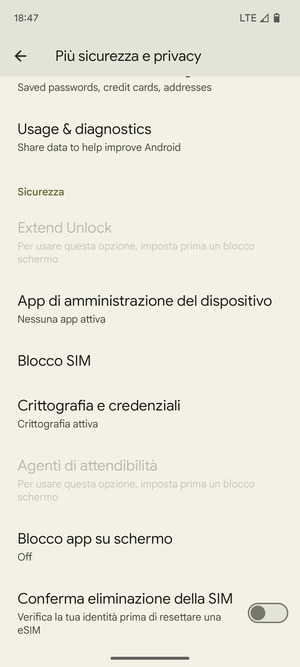 Scorri e seleziona Blocco SIM