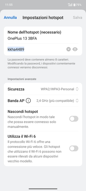 Inserisci una password dell'hotspot Wi-Fi di almeno 8 caratteri e seleziona Salva