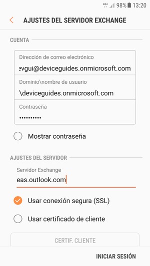 Introduzca Nombre de usuario y la dirección de servidor Exchange. Seleccione INICIAR SESIÓN