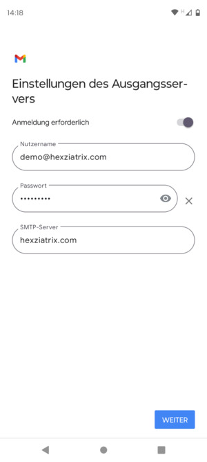Geben Sie die Server-Adresse für ausgehende Post ein und wählen Sie WEITER