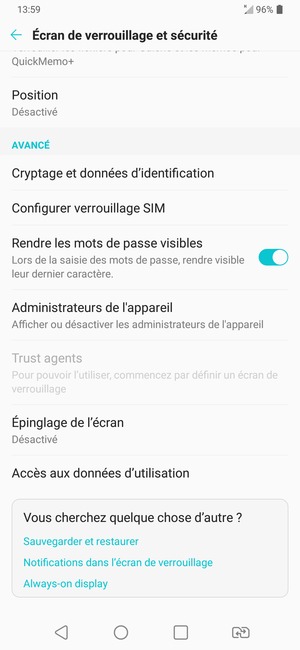 Pour modifier le code PIN de la carte SIM, retournez dans le menu Écran de verrouillage et sécurité et sélectionnez Configurer verrouillage SIM