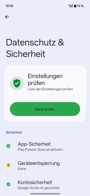 Um Ihre Bildschirmsperre zu aktivieren, gehen Sie zum Datenschutz & Sicherheit Menü und wählen Sie  Geräteentsperrung