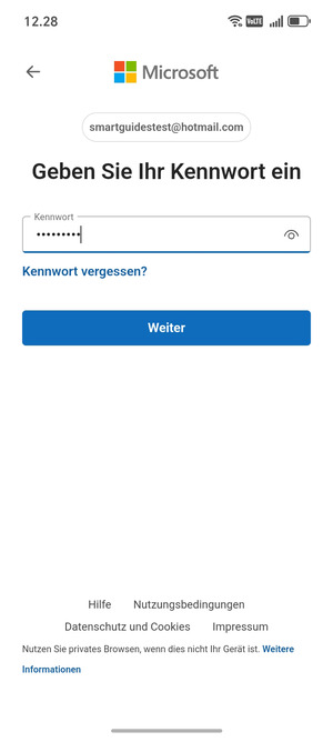 Geben Sie Ihre Hotmail Passwort ein und wählen Sie Weiter