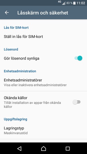 För att byta SIM-kortets PIN, återgå till Låsskärm och säkerhet-menyn, scroll till och välj Ställ in lås för SIM-kort