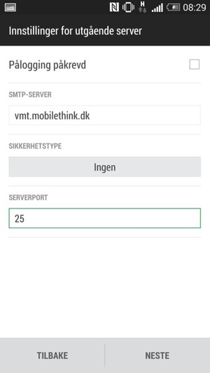 Skriv inn e-postinformasjon for utgående serverinnstillinger. Velg NESTE