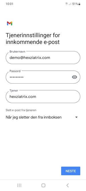 Skriv inn Brukernavn og innkommende serveradresse. Velg NESTE