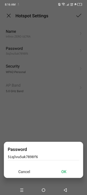 Enter a Wi-Fi hotspot password of at least 8 characters and select OK