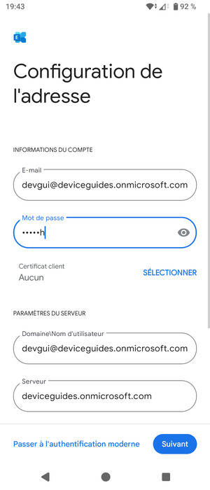 Saisissez votre Nom d'utilisateur et l'adresse du serveur Exchange. Sélectionnez Suivant