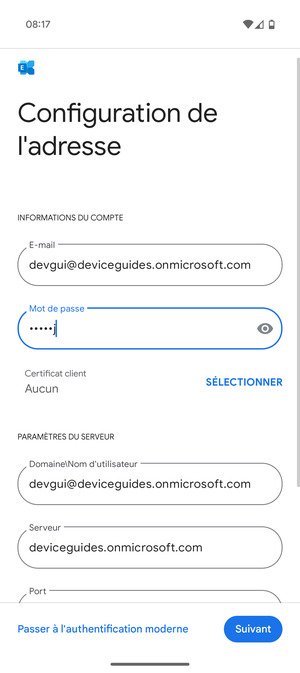 Saisissez votre Nom d'utilisateur et l'adresse du serveur Exchange. Sélectionnez Suivant
