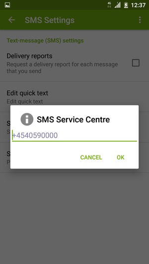 Enter the SMS Service Centre number and select OK