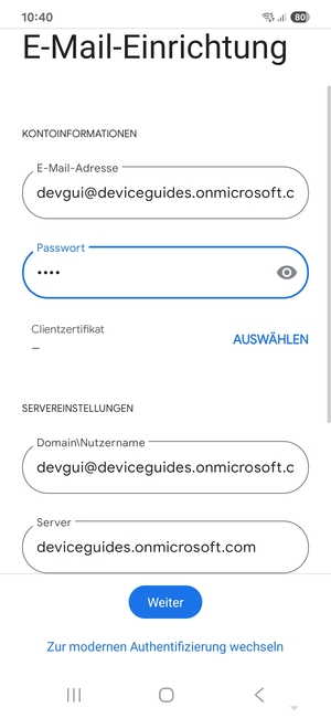 Geben Sie Benutzername und Exchange Server-Adresse ein. Wählen Sie Weiter