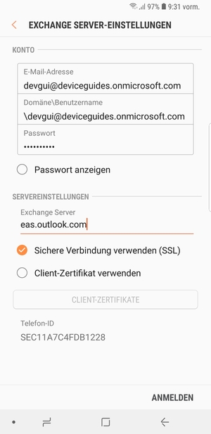 Geben Sie Benutzername und Exchange Server-Adresse ein. Wählen Sie ANMELDEN