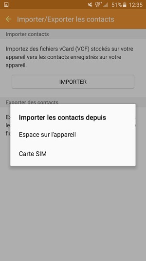 Sélectionnez Carte SIM / Importer depuis la carte SIM