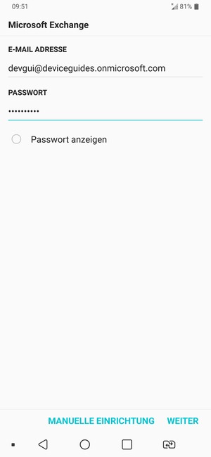 Geben Sie Ihre E-Mail-Adresse und Ihr Passwort ein. Wählen Sie MANUELLE EINRICHTUNG