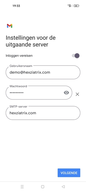 Voer Uitgaand serveradres in en selecteer VOLGENDE