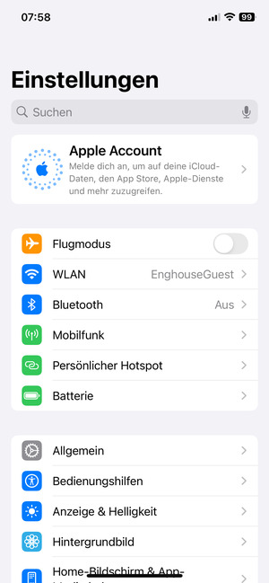 Um die PIN für die SIM-Karte zu wechseln, gehen Sie zum Einstellungen Menü zurück und  wählen Sie Mobilfunk
