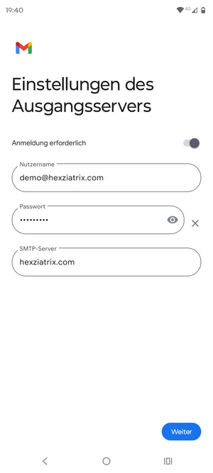 Geben Sie die Server-Adresse für ausgehende Post ein und wählen Sie Weiter