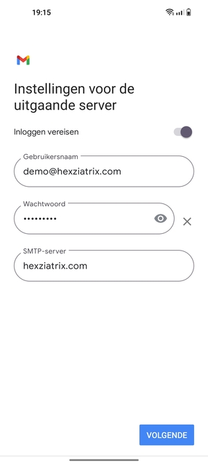 Voer Uitgaand serveradres in en selecteer VOLGENDE