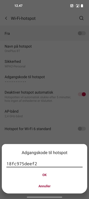Indtast en Wi-Fi-hotspot adgangskode på minimum 8 tegn og vælg OK