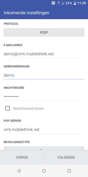 Voer Gebruikersnaam en binnenkomend serveradres in. Selecteer VOLGENDE