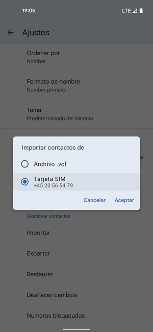 Seleccione Tarjeta SIM y Aceptar