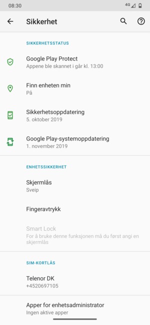 For å aktivere skjermlåsen, gå til Sikkerhet-menyen og velg Skjermlås