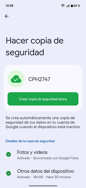 Seleccione Crear copia de seguridad ahora