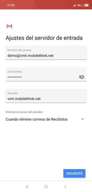 Introduzca Nombre de usuario y la dirección de servidor entrante. Seleccione SIGUIENTE