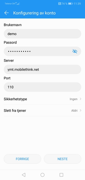 Skriv inn Brukernavn og innkommende serveradresse. Velg NESTE