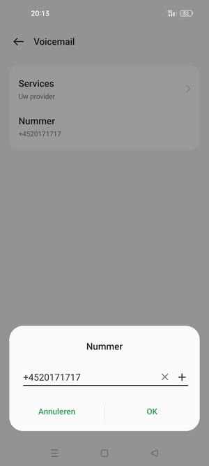 Voer het Voicemail nummer in en selecteer OK