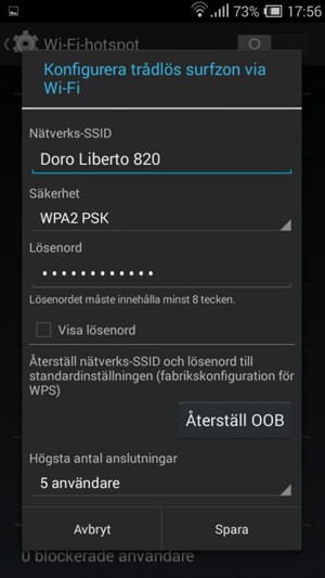 Ange ett lösenord för Wi-Fi-hotspoten, bestående av minst 8 tecken och välj Spara