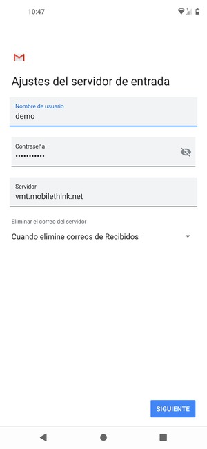 Introduzca Nombre de usuario y la dirección de servidor entrante. Seleccione SIGUIENTE