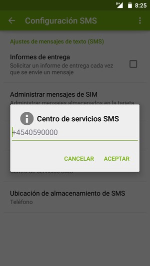 Introduzca el número de Centro de servicios SMS y seleccione ACEPTAR