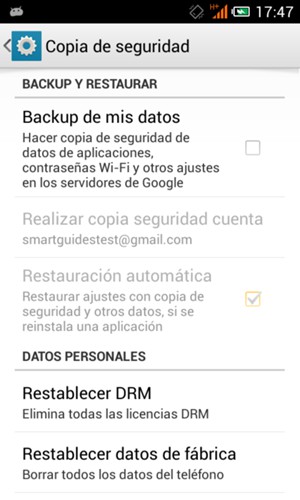 Marque la casilla de verificación Backup de mis datos