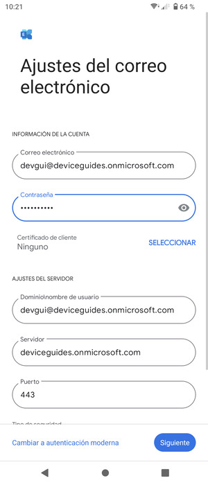 Introduzca Nombre de usuario y la dirección de servidor Exchange. Seleccione Siguiente