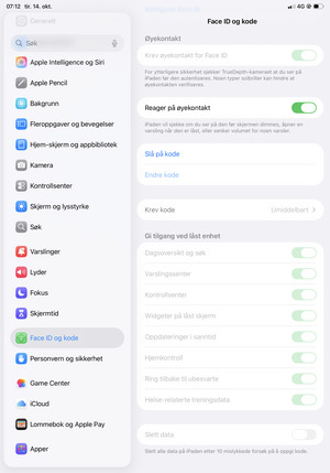 Bla til og velg Face ID og kode