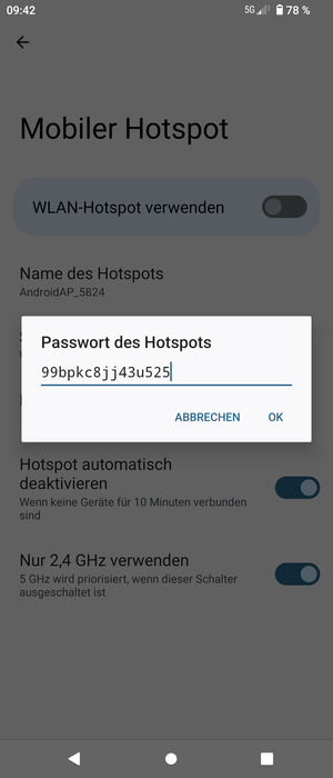 Geben Sie eine WLAN-Hotspot-Passwort mit mindestens 8 Zeichen ein und wählen Sie OK