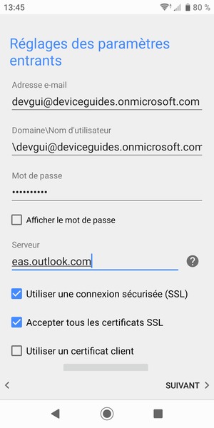 Saisissez votre Nom d'utilisateur et l'adresse du serveur Exchange. Sélectionnez Suivant