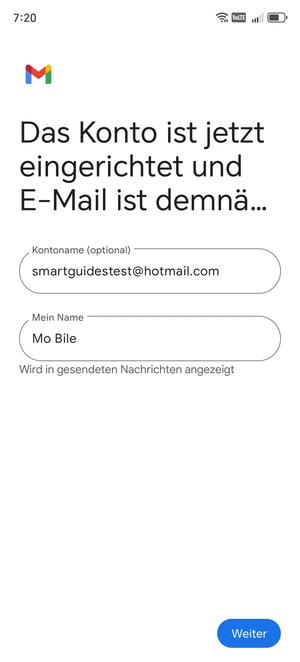 Geben Sie Ihrem Konto einen Namen und geben Sie Ihren Namen ein. Wählen Sie Weiter