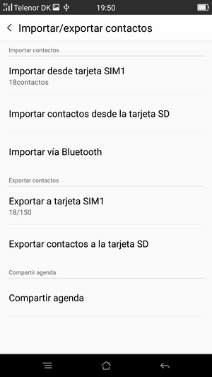 Seleccione Importar desde tarjeta SIM1 o Importar desde tarjeta SIM2