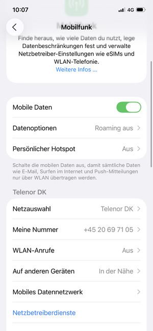 Scrollen Sie und wählen Sie Mobiles Datennetzwerk