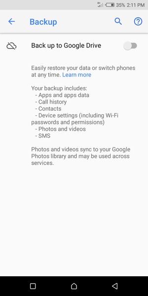 Turn on Back up to Google Drive