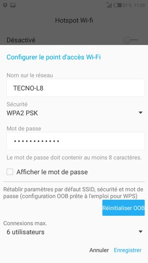 Saisissez un mot de passe de hotspot Wi-Fi d'au moins 8 caractères et sélectionnez Enregistrer